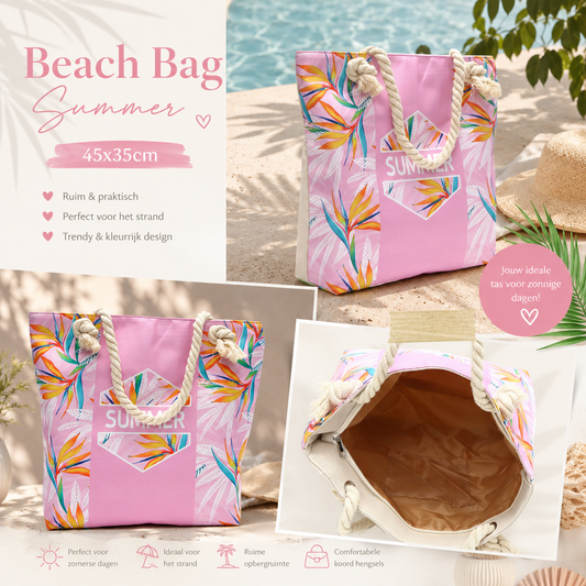 Beach Bag Summer Roze Tropische Strandtas 45x35 cm | By Jule Sieraden