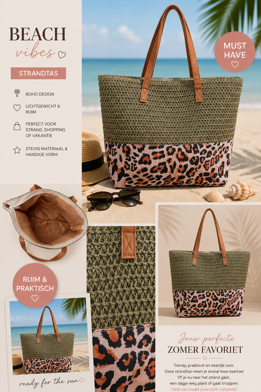 Groene Strandtas met Leopard Print | Shopper Tas | By Jule Sieraden