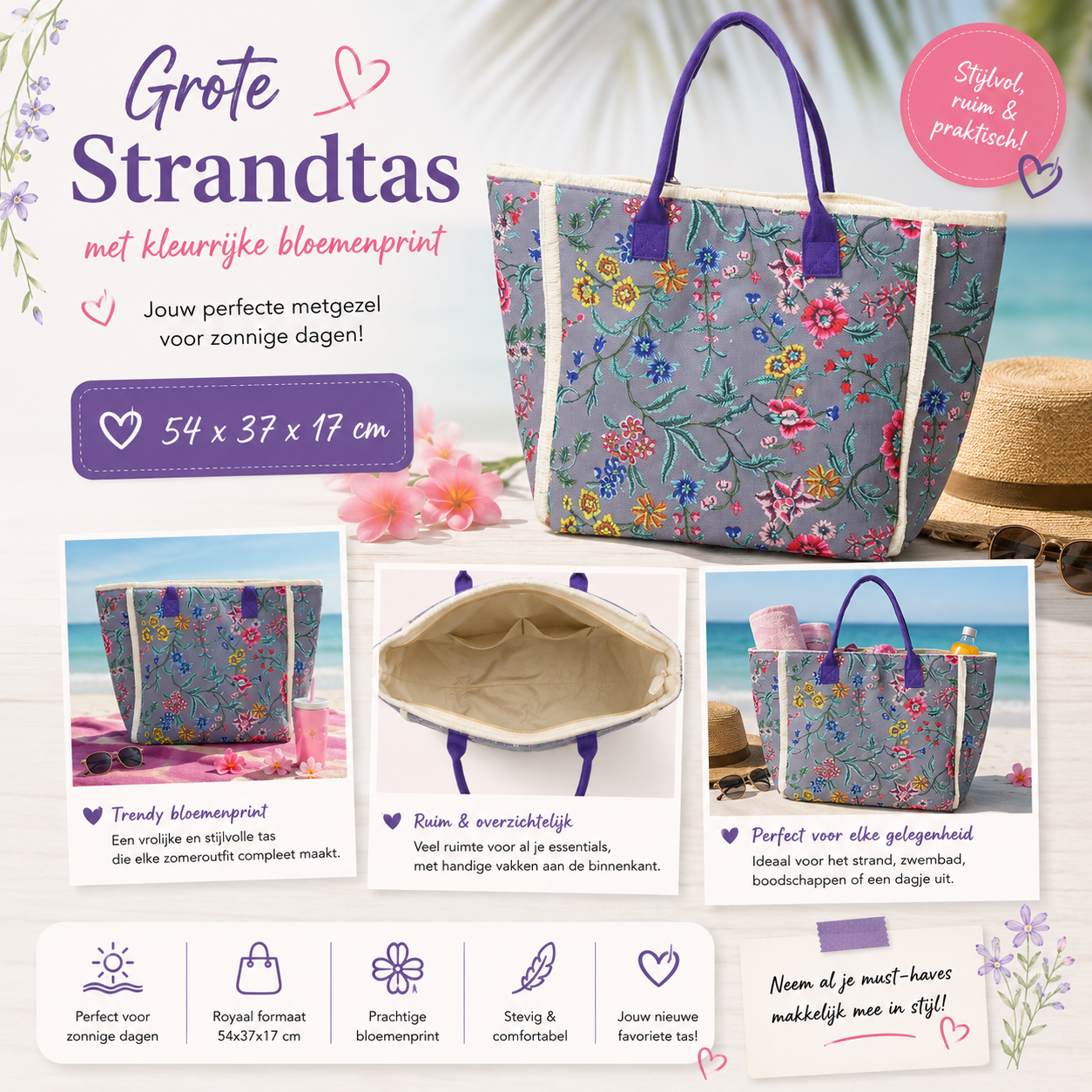 Grote Strandtas Grijs met Bloemenprint en Paarse Hengsels 54x37x17 cm | By Jule Sieraden