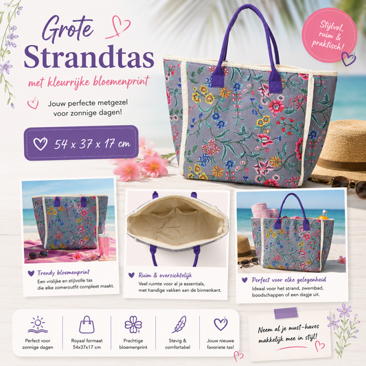 Grote Strandtas Grijs met Bloemenprint en Paarse Hengsels 54x37x17 cm | By Jule Sieraden