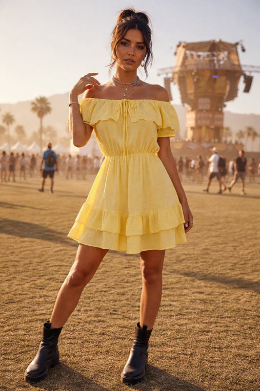 Gele Off Shoulder Zomer Jurk – Ibiza Style Ruffle Dress