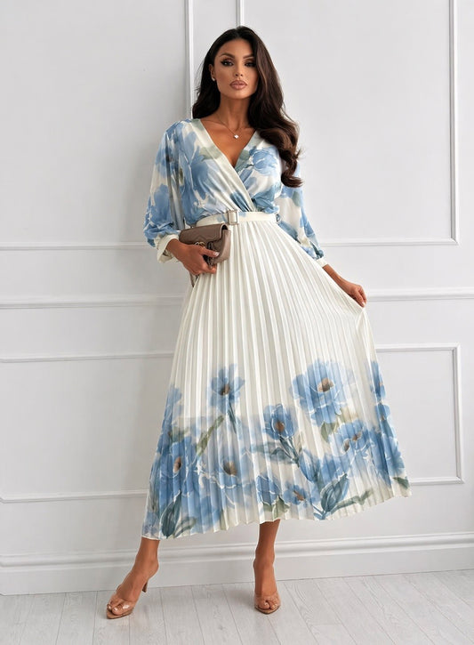 Floral Plissé Jurk met Ceintuur – Zomerjurk Dames Blauw – Elegante Jurk | By Jule Sieraden