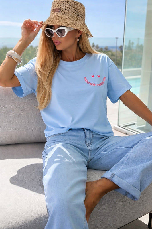 T-shirt dames – happy wife happy life print one size (38-44)