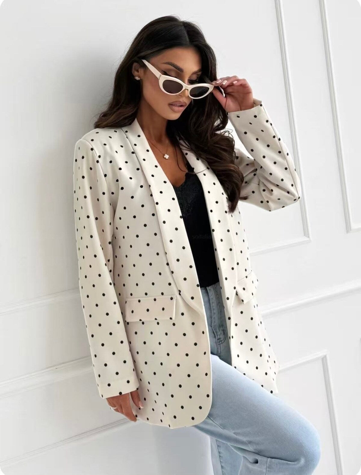 Witte Blazer met Zwarte Stippen (Maat 36-42) | Elegante Dames Blazer